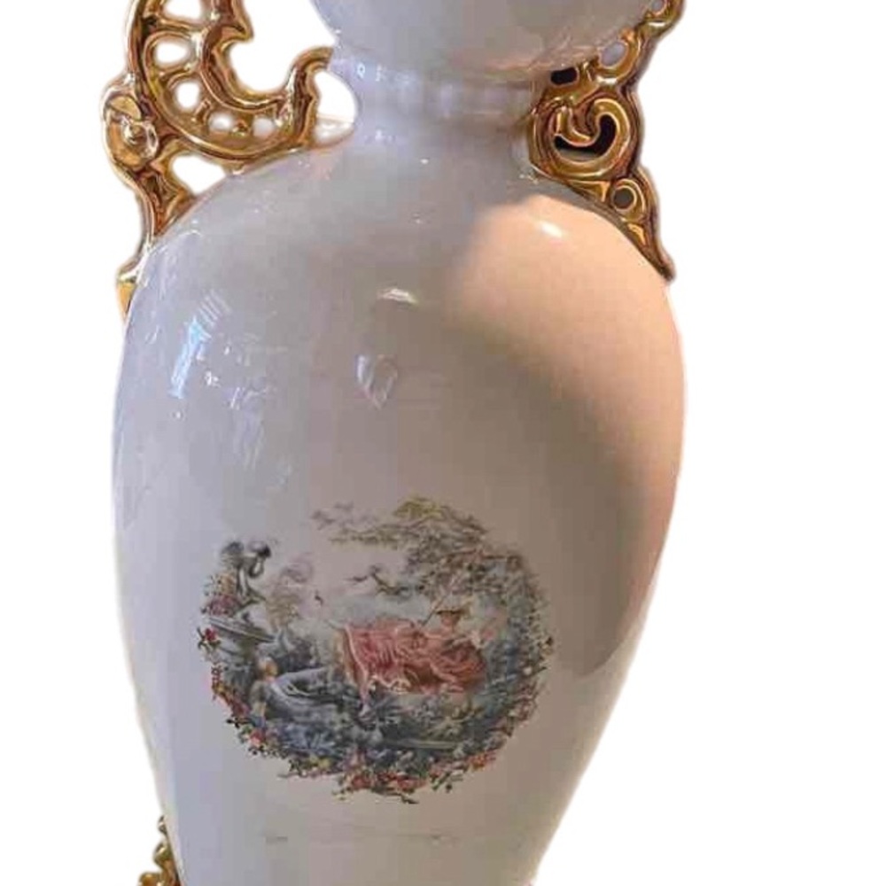 1976 Jan Zubec ceramic vase with romantic transferware and gold accents